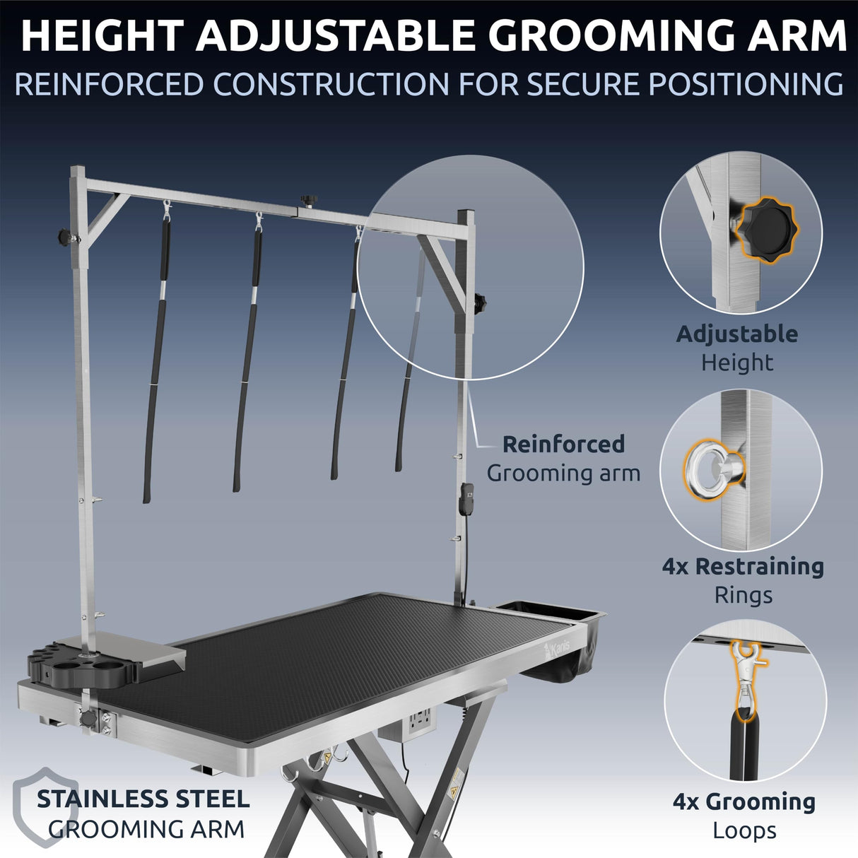 KANIS Professional Electric Dog Grooming Table - Heavy Duty, Height Adjustable Pet Grooming Table w/Leveling Wheels, Dog Grooming Arm, Anti Slip Tabletop & Tool Organizer (Grey, 49")