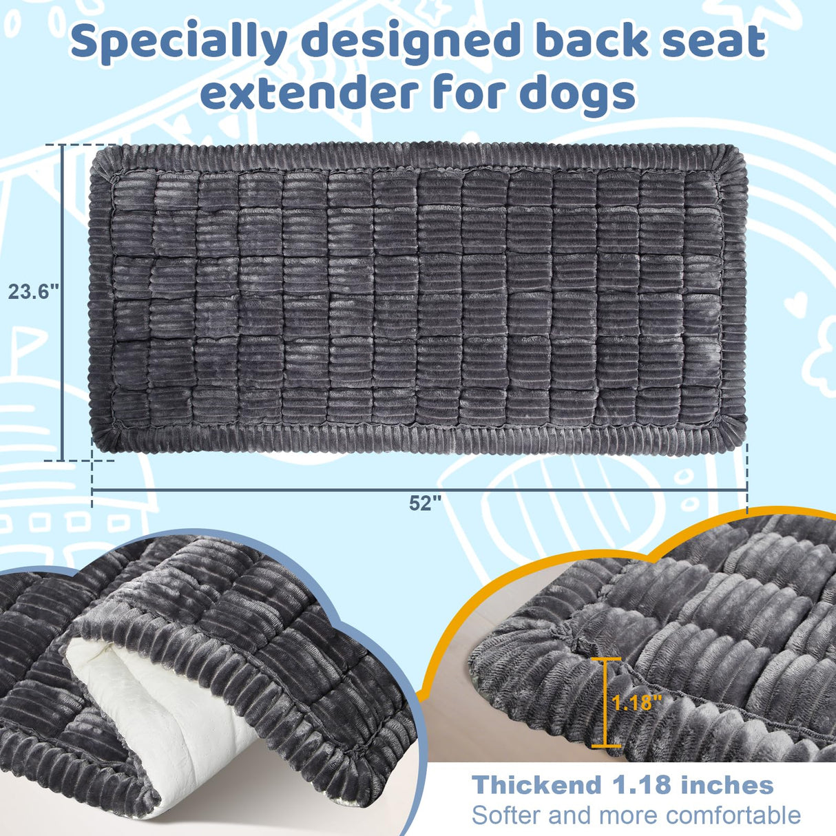 Abdtech Backseat Dog Bed Mat for Car: 23.6" x 52" Non-Slip Dog Bed for Back Seat - Soft and Comfortable Dogs Blanket - Washable Travel Pet Mat Seat Protector Fit for Back Seat Cover, Grey