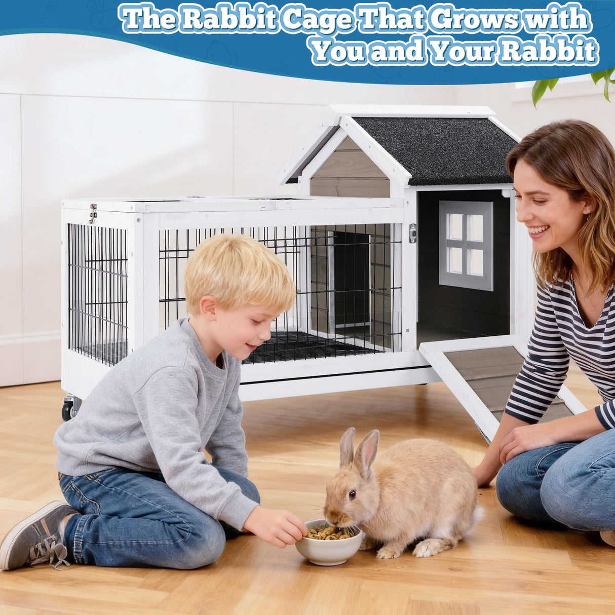 FunXplore Rabbit Hutch Indoor Outdoor Rabbit Cage Bunny Hutch with Casters, Urine Baffles Bottom Wire Floor Leakproof Tray Metal Feeder Openable Roof