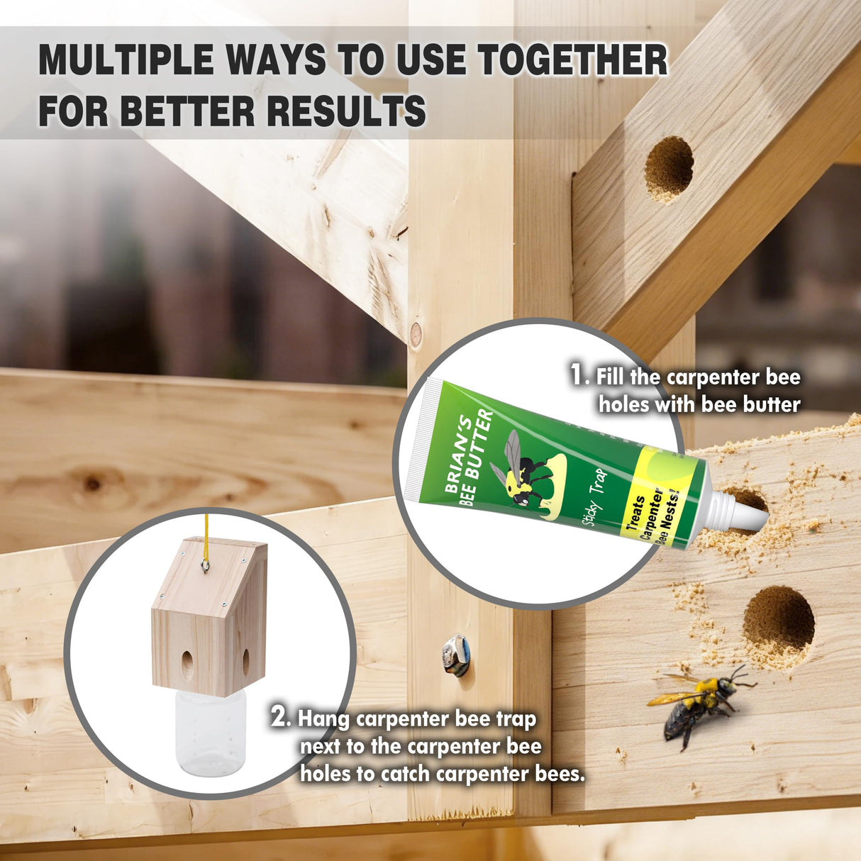 Carpenter Bee Trap for Outside - Shed Style Nature Hanging Wood Trap for Outdoor with Removable Bee Vault Plastic Jar (2 Pack)
