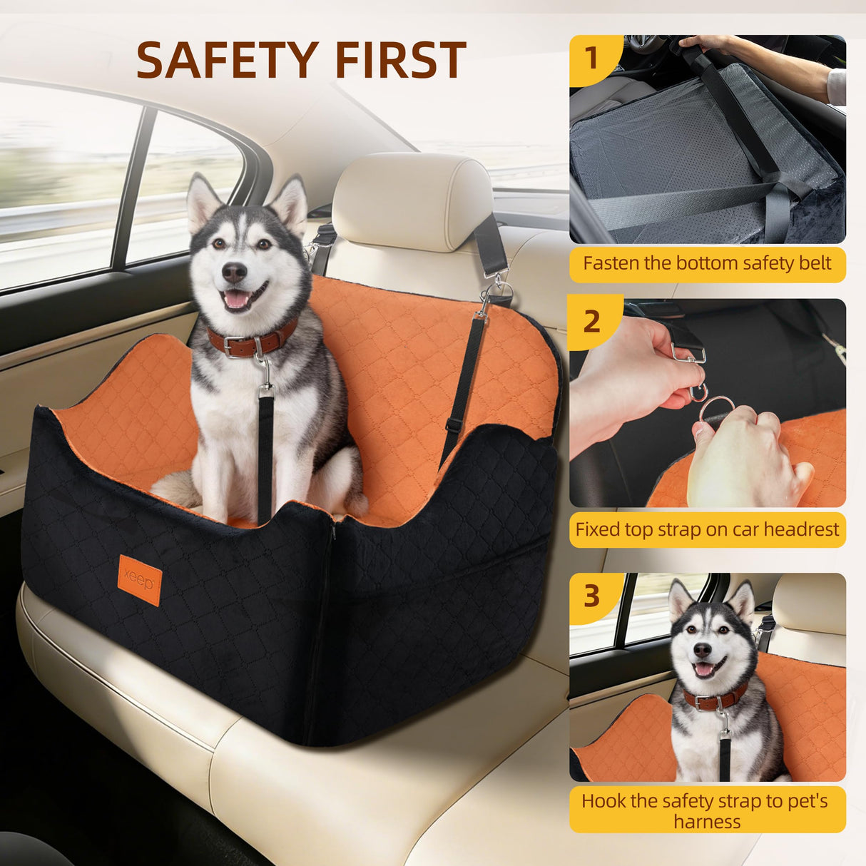 XEEP Dog Car Seat for Medium/Large Dogs Up to 60lbs, Dog Booster Seat with Memory Foam Cushion, Washable Pet Car Seat with Safety Belt & Pee Pad & Blanket, Fits in Back Seat(Black/Brown)