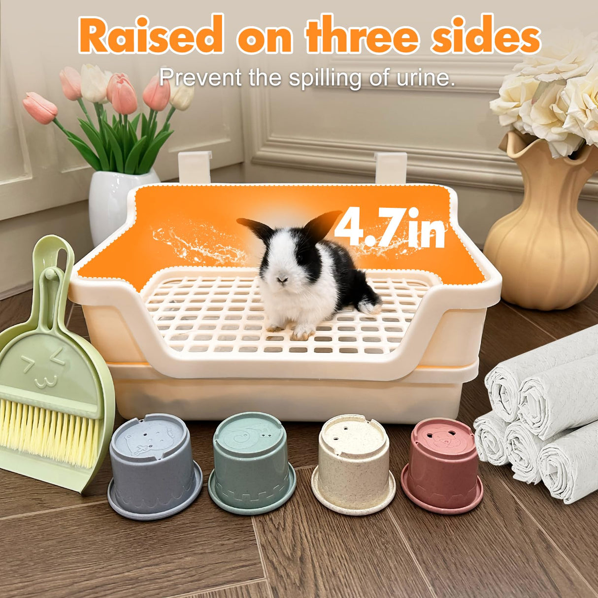 Yuoaes Large Rabbit Litter Box w/Plastic Grid & Dump Tray-Bunny Litter Pan Small Animal Potty Toilet - Pet Bunny Supplies Rabbit Cage Accessories for Training Corner Litter Box (Cream)