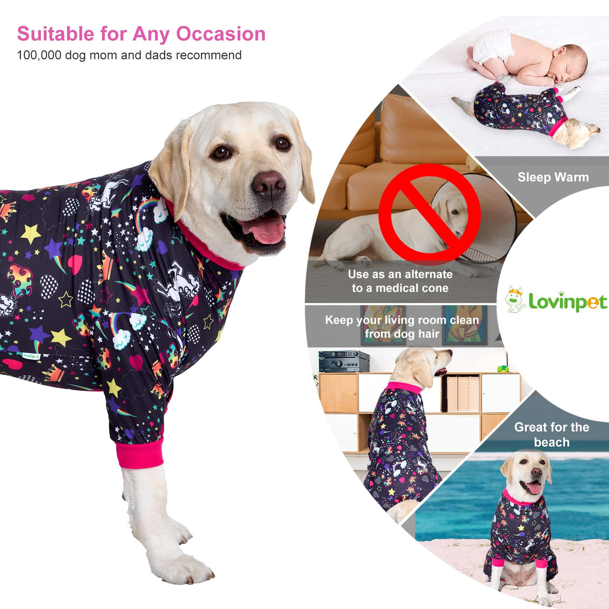 LovinPet Large Dog Pajamas Pitbull PJS: Wound Care/Post Surgery Dog Clothes, Onesies for Dogs, Unicorn Rainbows Black Print, Lightweight Stretchy Knit Pullover Pitbull Jammies, Pet PJ's/L