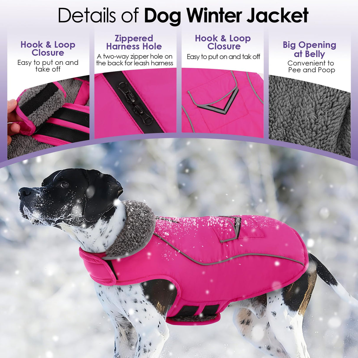 SUNFURA Dog Winter Coat, Medium Dog Coat Jacket with Fleece Lining for Cold Weather, Warm Puffer Jacket Turtleneck Snowsuit with Leash Hole for Jack Russel, Boston Terrier, Hot Pink M