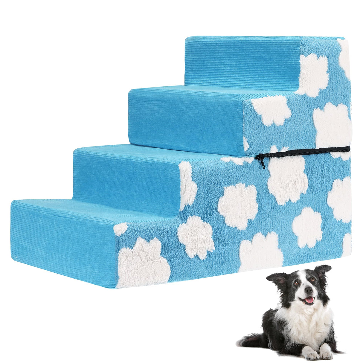 Pet Stairs for Small Dog Stairs for Sofa and Bed High Density Foam Stairs Pet Ladder with Removable Washable Cover Non-Slip Base(4 Steps Blue)