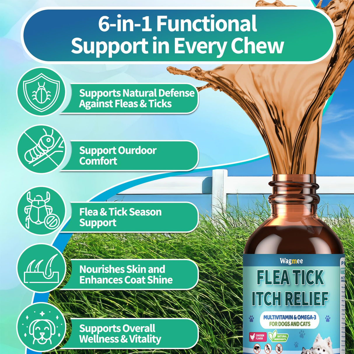 Flea and Tick Prevention for Dog and Cat, Natural Oral Flea & Tick Itch Relief Support Drops with Multivitamin for Pets - Supports Healthy Skin & Coat - Oral Supplement for All Breeds & Ages - Chicken