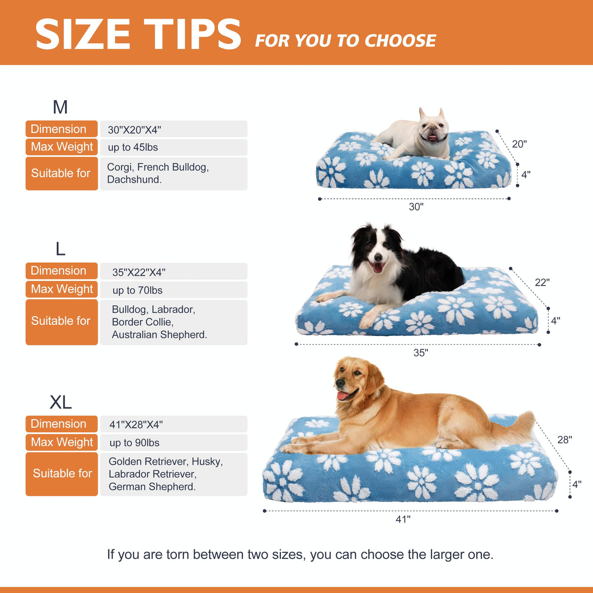Yaning Dog Beds for Large Dogs, Cute Thick Dog Bed for Crate Kennel, Fluffy Pet Bed with Removable Washable Cover and Anti-Slip Bottom, 35"x 22", Blue Flower