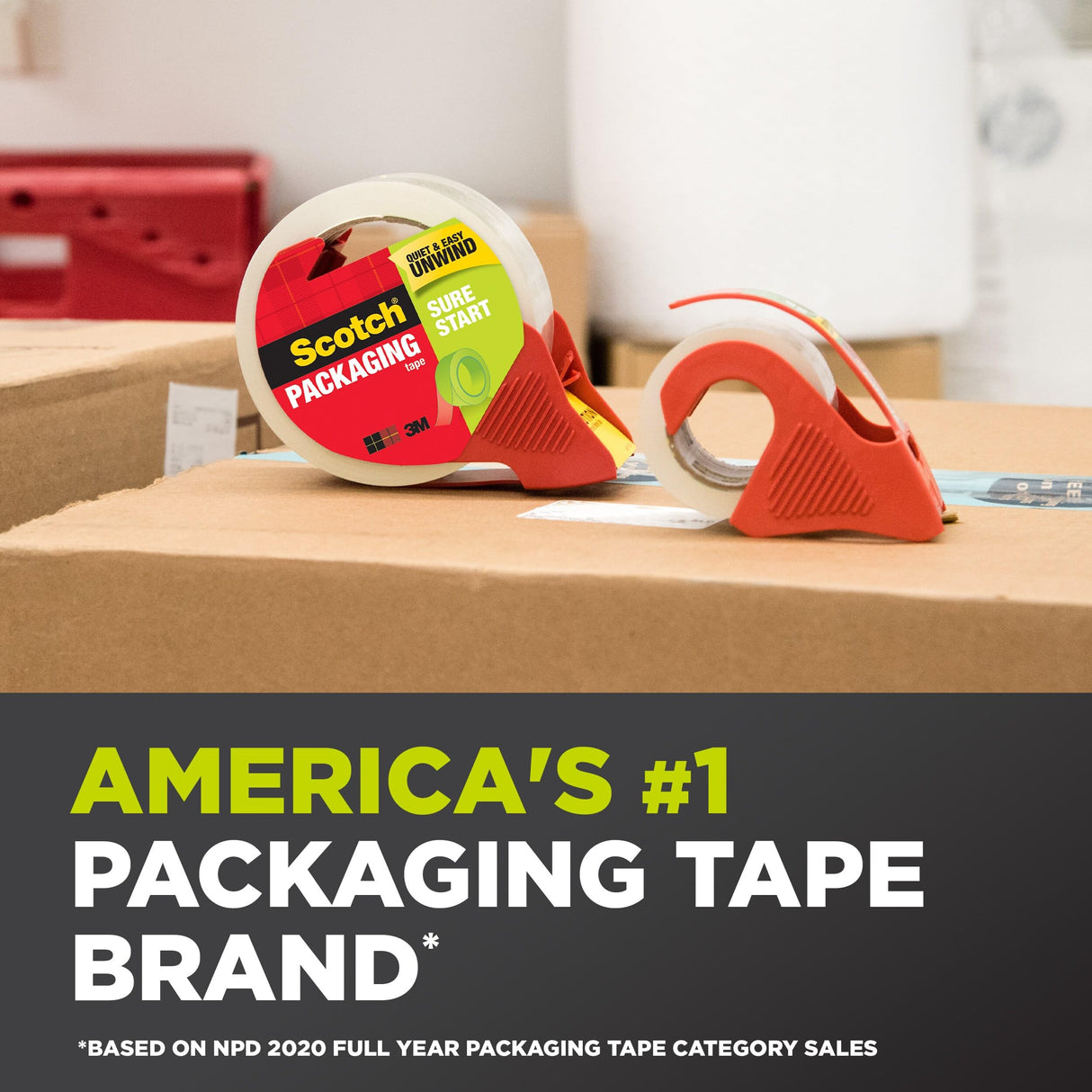 Scotch Sure Start Packing Tape, Clear, Quiet Unwind and Easy Start, 1.88 in. x 22.2 yd., 6 Tape Rolls with Dispensers