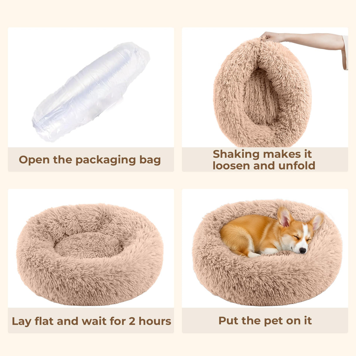 Calming Anti-Anxiety Donuts Dog And Cat Bed, Round Fluffy Soft Washable Small Medium Pet Bed For Puppy & Kitten, Cuddler Warming Comfortable Cushion, Luxury Anti-Slip Waterproof Mute Base 24in (Camel)
