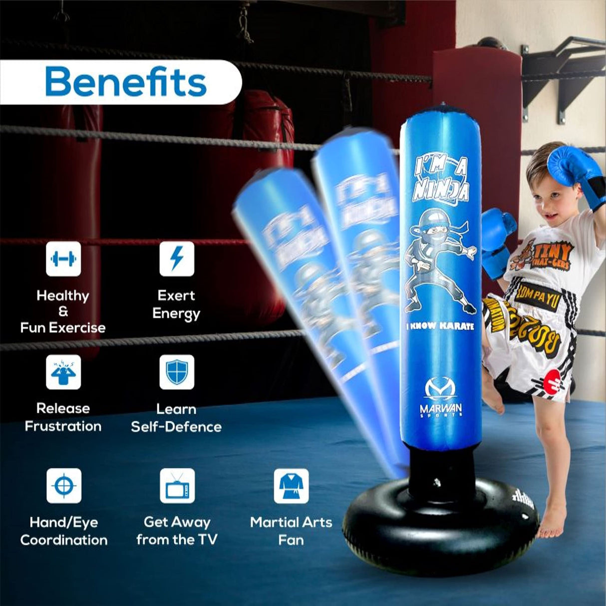 Kids Punching Bag Toy Set, Inflatable Boxing Bag Toy for Boys Age 3-12, Ninja Toys for Boys, Christmas,Birthday Gifts for Kids 4,5,6,7,8,9,10 Years Old (Blue)
