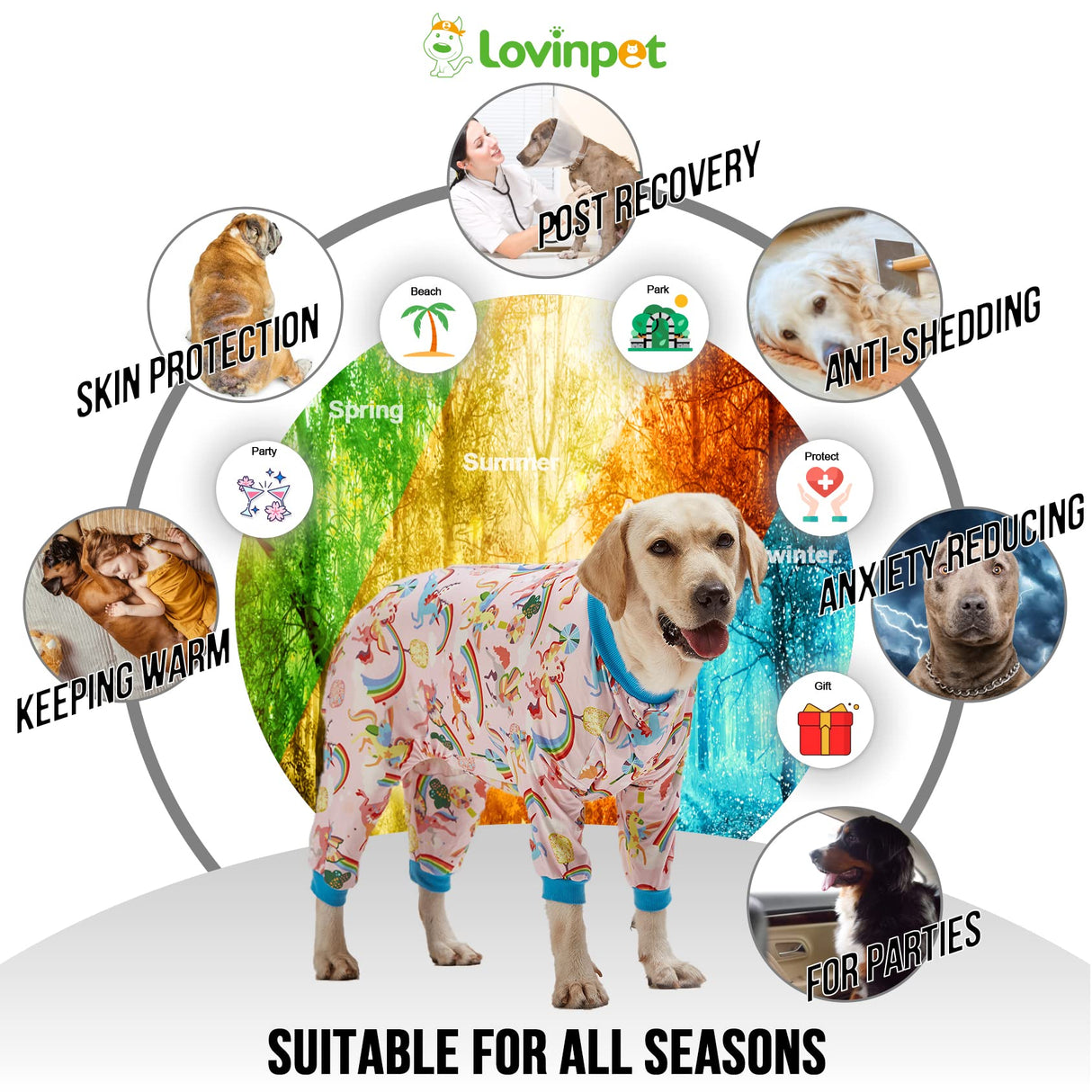 LovinPet Large Dog Pajamas Onesie, Magic Rainbow Shine Pink Print, Lightweight Stretchy Knit Pullover Large Puppy Pajamas, Pjs for Pitbulls, Stop Shedding for Dogs, Pet PJ's, 2XL