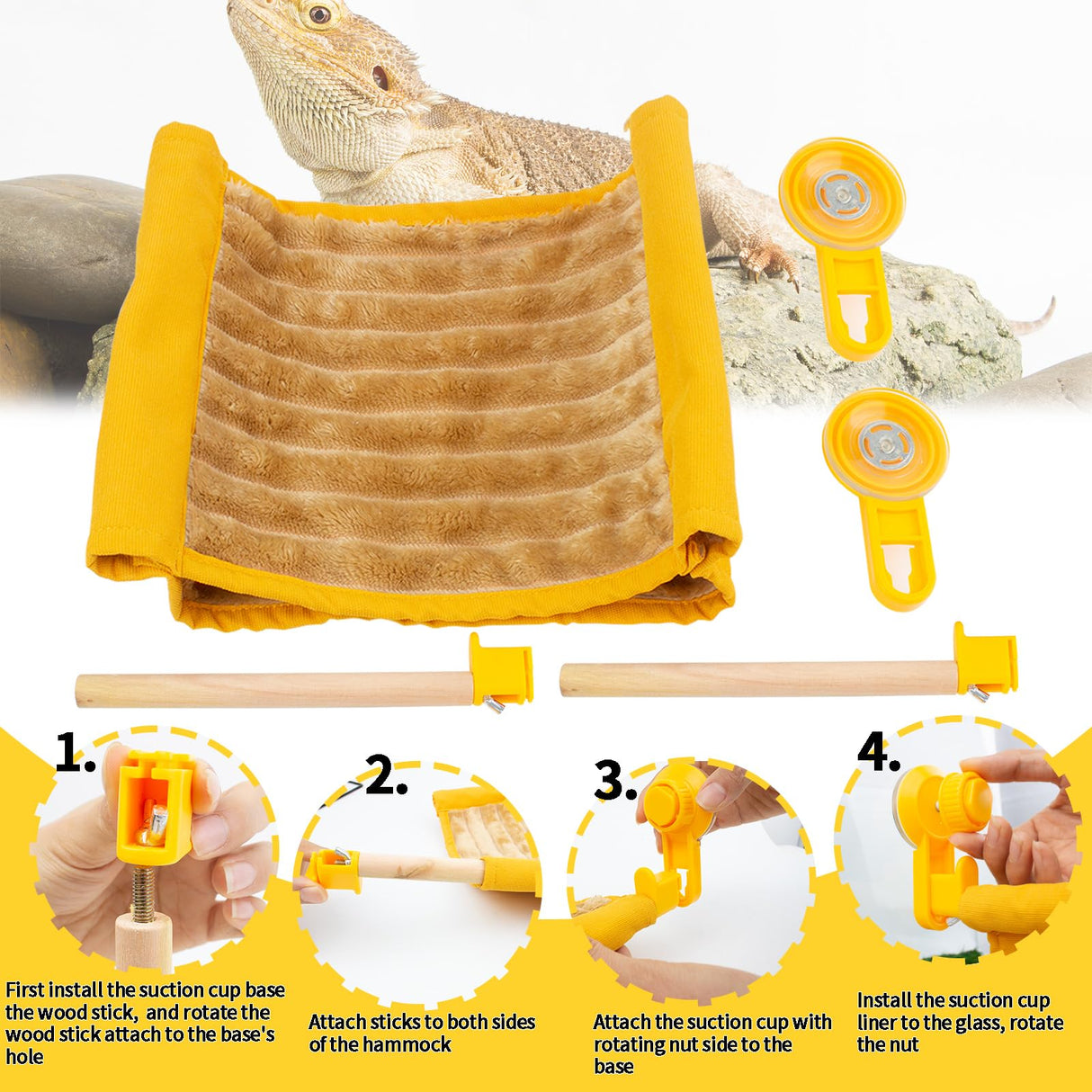 FlidRunest Bearded Dragon Hammock with Suction Cups, Soft Lizard Hammock Bed, Winter Warm House Tent, Reptile Tank Perch-Yellow