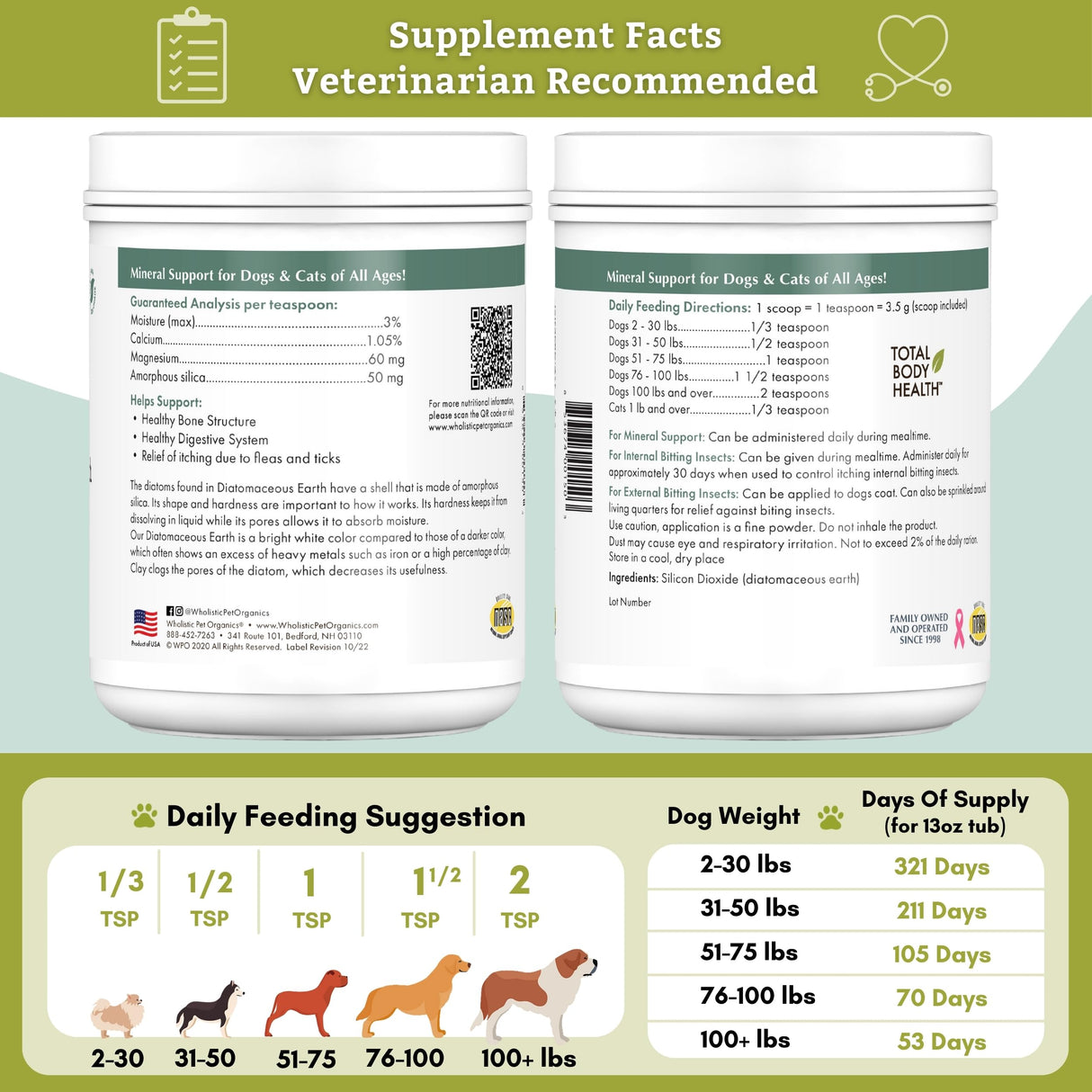 Wholistic Pet Organics Diatomaceous Earth - Food Grade for Dogs & Cats - 13 Oz - Multi Use Powder - Pet Safe Non-Chemical Freshwater Sourced Silica Supports Overall Health - Made in USA - 105 Scoops