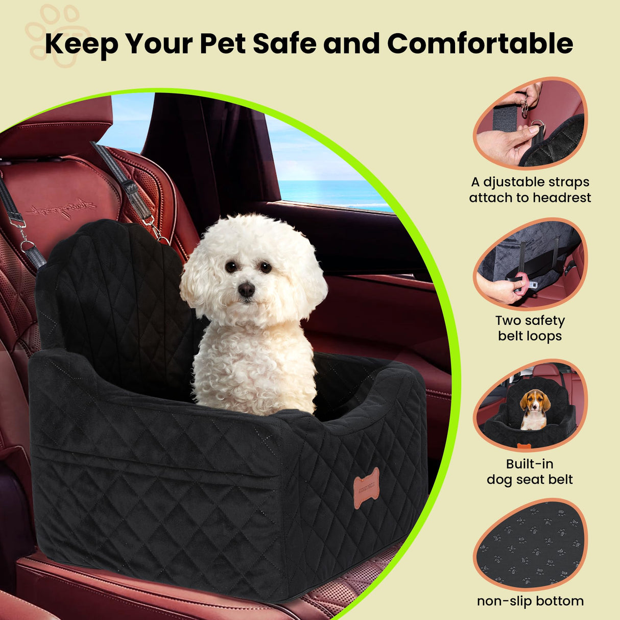 koneboss Dog Car Seat for Small Dogs Under 30lbs, Detachable Washable Pet Booster Seat with Safety Belt & Storage Pockets, Travel Car Bed, Black