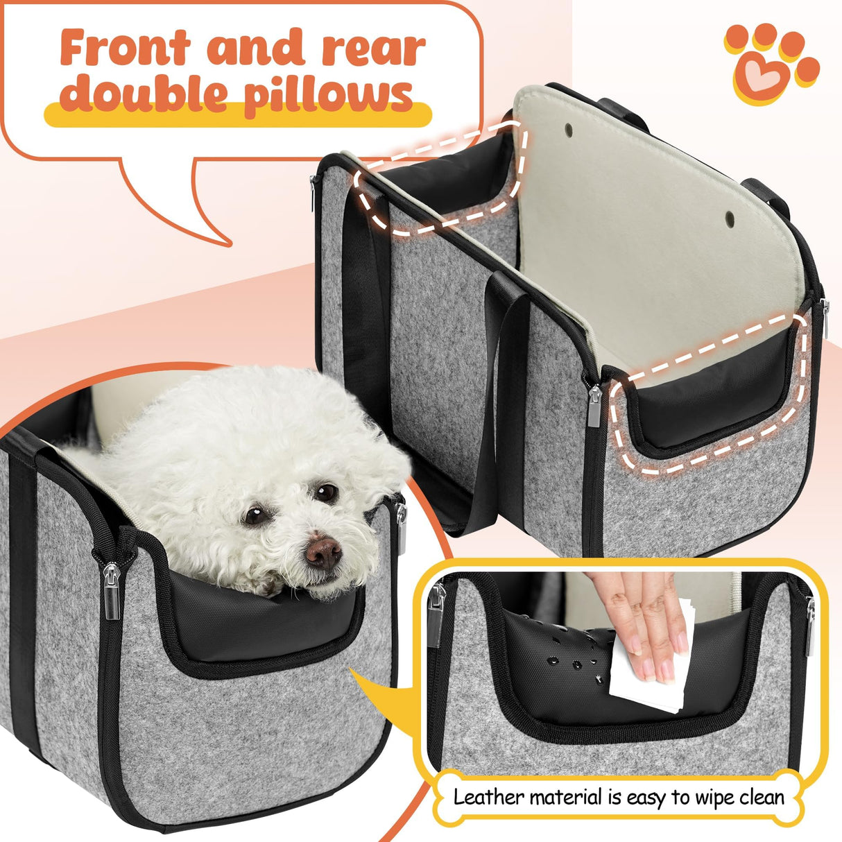 WOYYHO 16 lbs Console Dog Car Seat with Removable Liner, Center Console (Width >9in) Dog Carseat with Front Rear Pillows, Foldable Puppy Car seat with Safety Tether, Stable No Shaking Gray