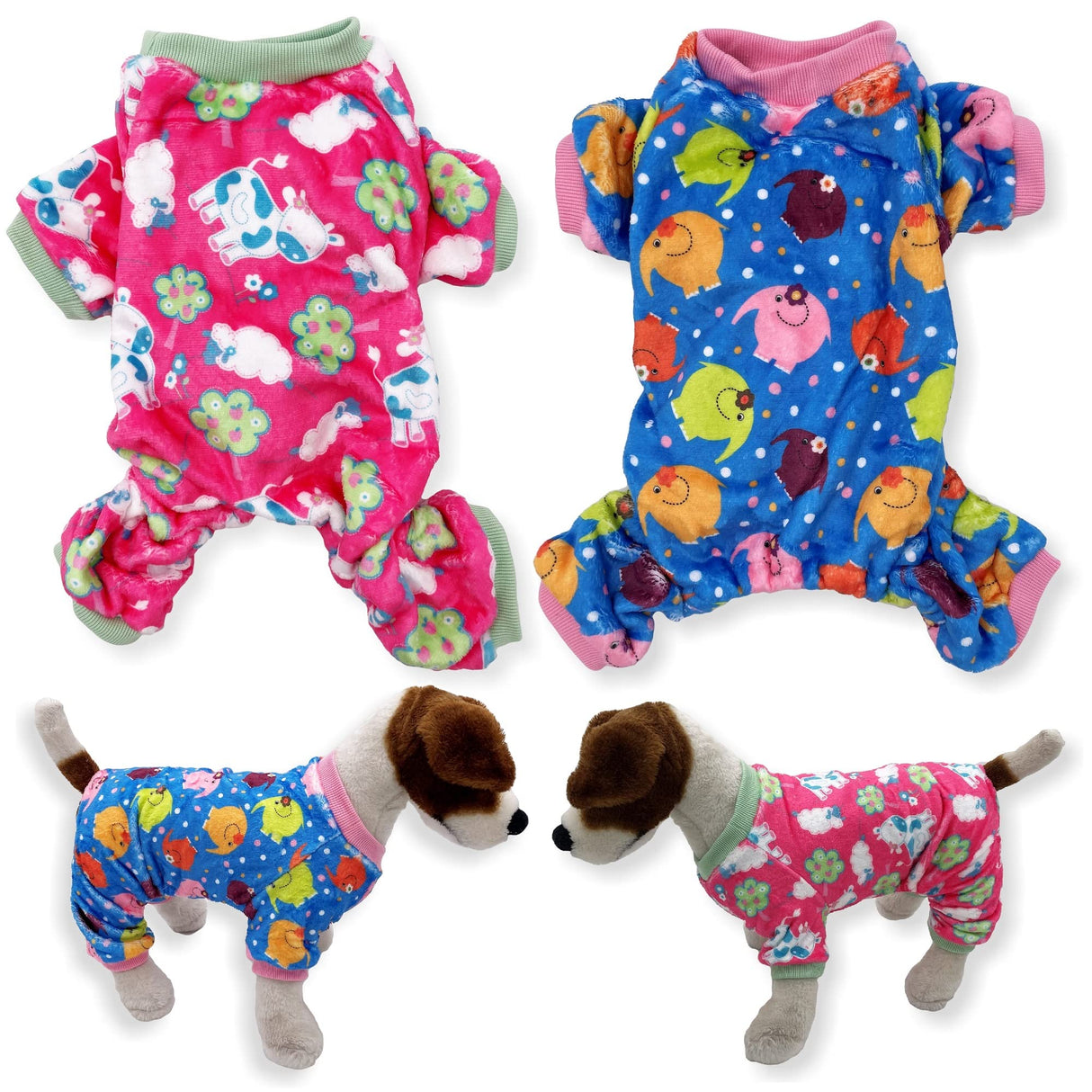 Pack of 2 Colors Dog Pajamas Soft Warm Fleece Jumpsuit Cute Pet Clothes for Small and Medium Pet XXS - L (Pack of 2 Colors: Hot Pink Cows, Blue Elephants, S: Length - 12", Chest 14" - 17")
