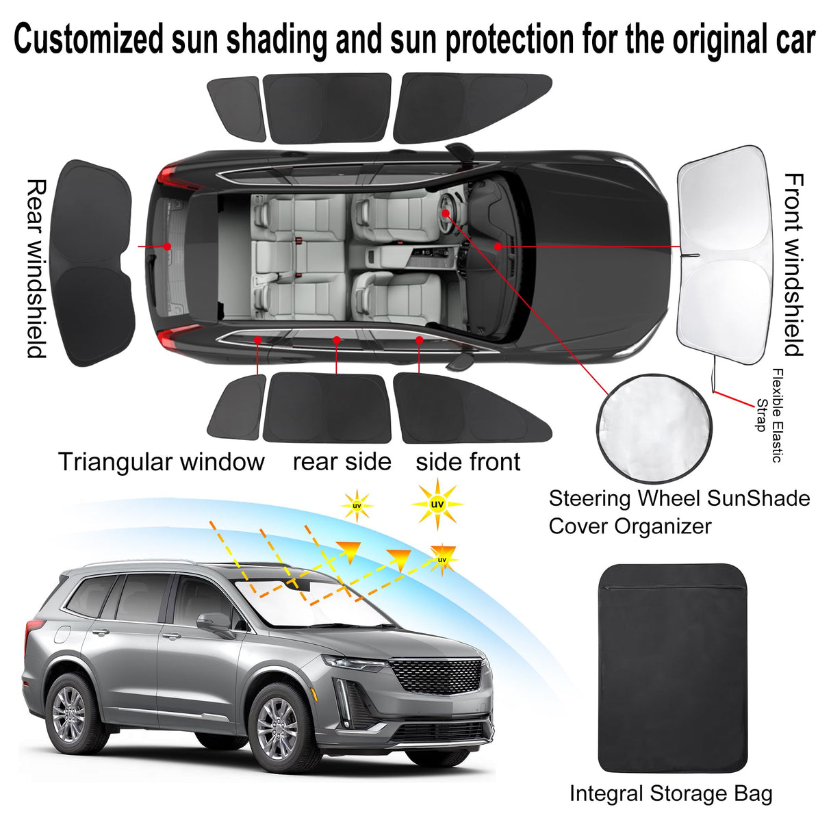 TINGLU Window Shades for Cadillac XT6 2020-2025 Accessories Side Full Windows Windshield Sun Shade Sun UV Rays & Privacy Protection for Camping,Napping,and Relaxing 8PCS
