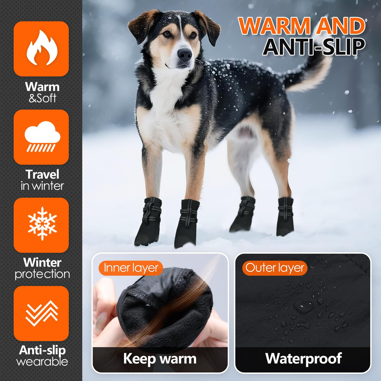 AuraPaw Dog Boots & Paw Protectors for Medium Dogs, Waterproof & Anti-Slip, Reflective Dog Shoes for Rain, Snow & Ice, Summer Hot Pavement and Rugged Terrain, 4Pcs Winter Dog Boots, Size M, Black