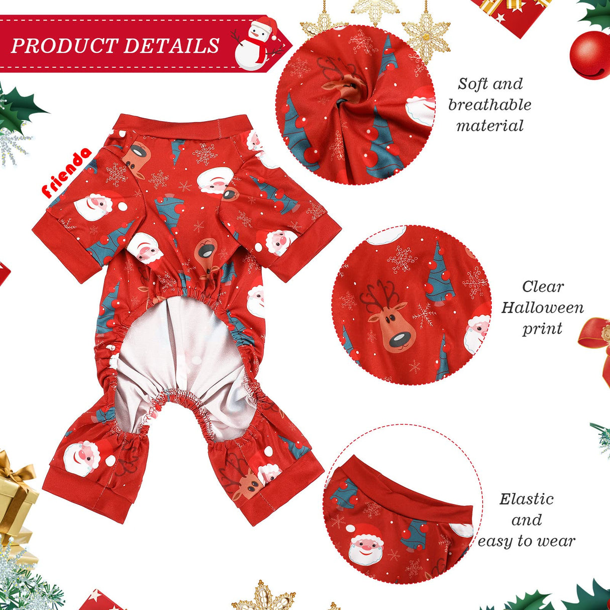3 Pieces Christmas Dog Pajamas Dog Jumpsuit Santa Snowman Pet Clothes Christmas Pet Pajamas Holiday Costume Jumpsuit for Puppy Cat(Classic Pattern,M (fit 5.5-7.7lbs))