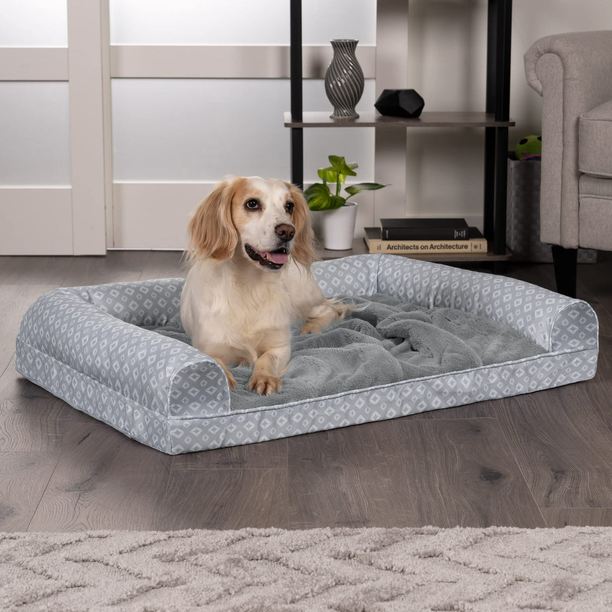 Furhaven Cozy Memory Foam Dog Bed for Large/Medium Dogs w/ Removable Bolsters & Washable Cover, For Dogs Up to 55 lbs - Plush & Diamond Print Nest Top Sofa - Gray, Large
