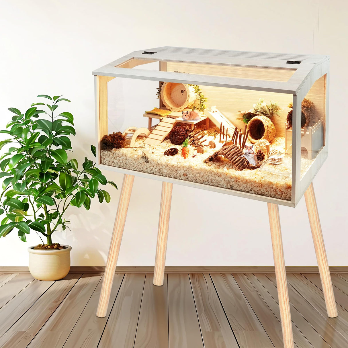 Prolee Hamster Cage Wooden Chew Proof, Extra Large Mice and Rat Habitat Openable Top with Acrylic Sheets Solid Built Small Animal Cage with Leg Stands, 40 Inch Long