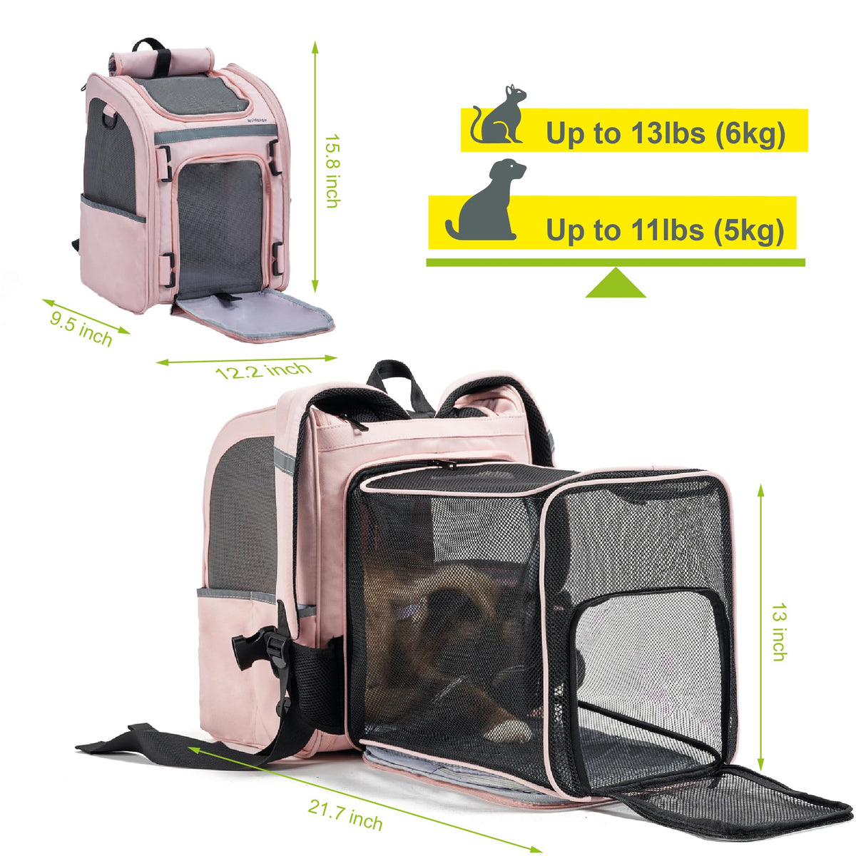 Wildgogo Expandable Pet Carrier, Airline-Approved Foldable and Detachable Backpack, Fits 13lbs Cat&11lbs Small Puppy Dog, for Car Travel,Camping and Emergency Transportation and Shelter (Pink)