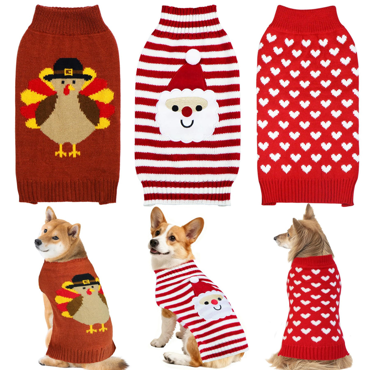 PAYHTOW 3 Pack Thanksgiving Christmas Valentine Dog Sweater, Knit Holiday Dog Sweater Thanksgiving Fall Warm Sweaters Outfit Clothes for Small Medium Large Dogs Pets (Turkey & Santa & Heart, X-Large)