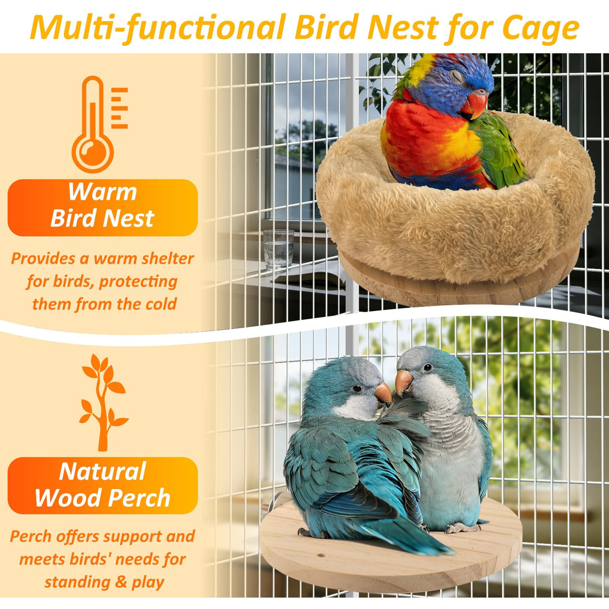 DBNESS Medium Bird Nest for Cage, Removable Plush Parrot Hammock Bed, Winter Warm Resting Perch Platform for Budgies Cockatiel Conure Parakeet Hamster