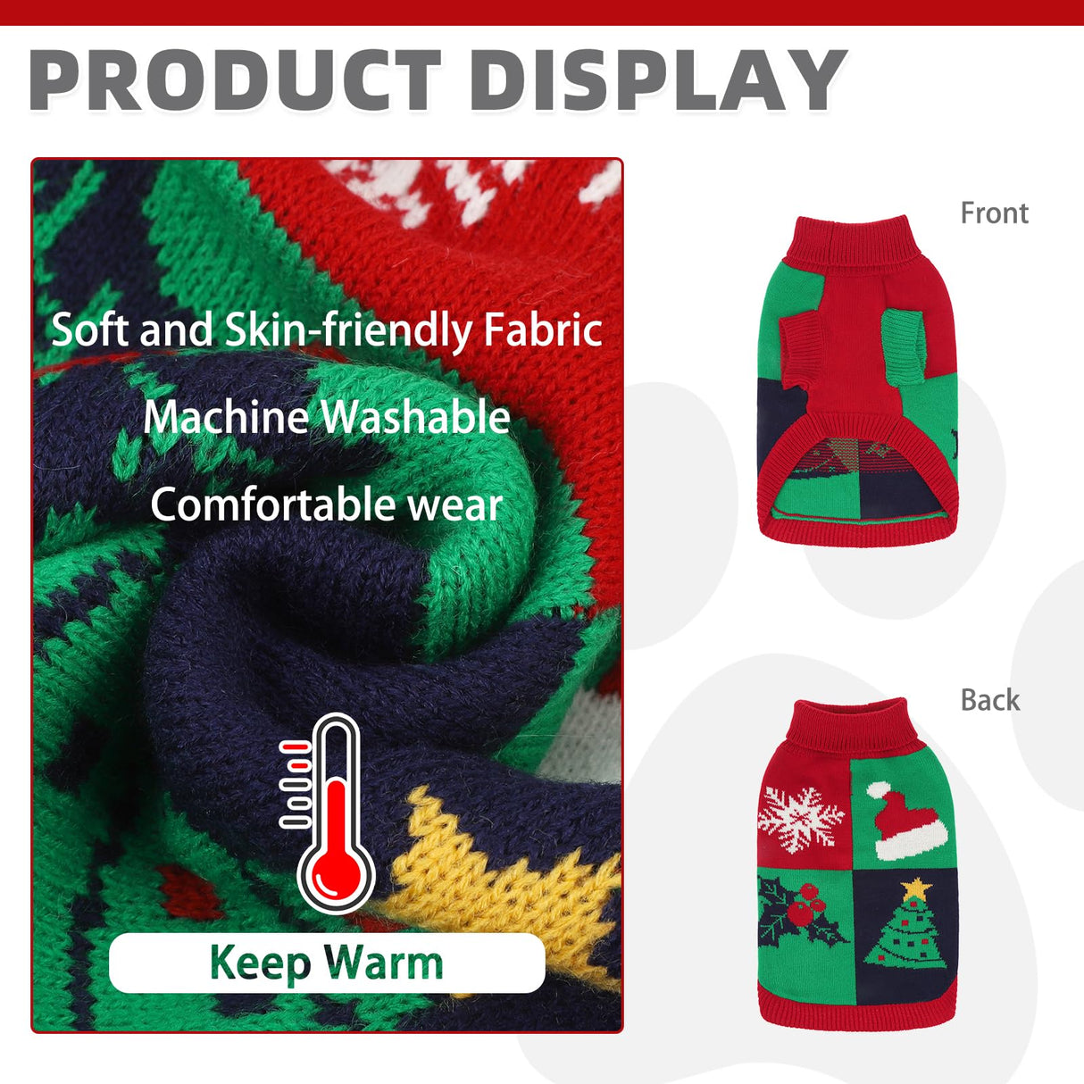 KOOLTAIL Christmas Sweater, Cold Weather Knitted Turtleneck Pullover for Dogs, Red Green Color Design Sweatshirt, Thick Warm Winter Clothes for Small Medium Large Dogs Boys Girls, XL