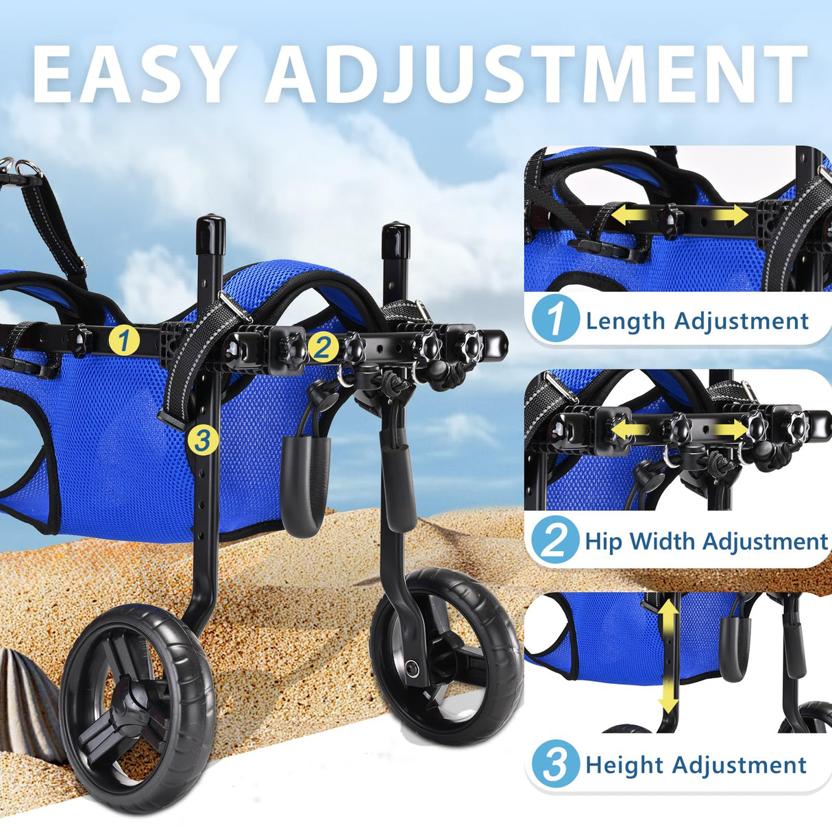 Dog Wheelchair for Back Legs – Adjustable Height/Length/Width, Sturdy Wheelchair with All-Terrain Shock-Absorbing Wheels, Mobility Support for Injured or Disabled Small & Medium Dogs & Cats, Blue (M)