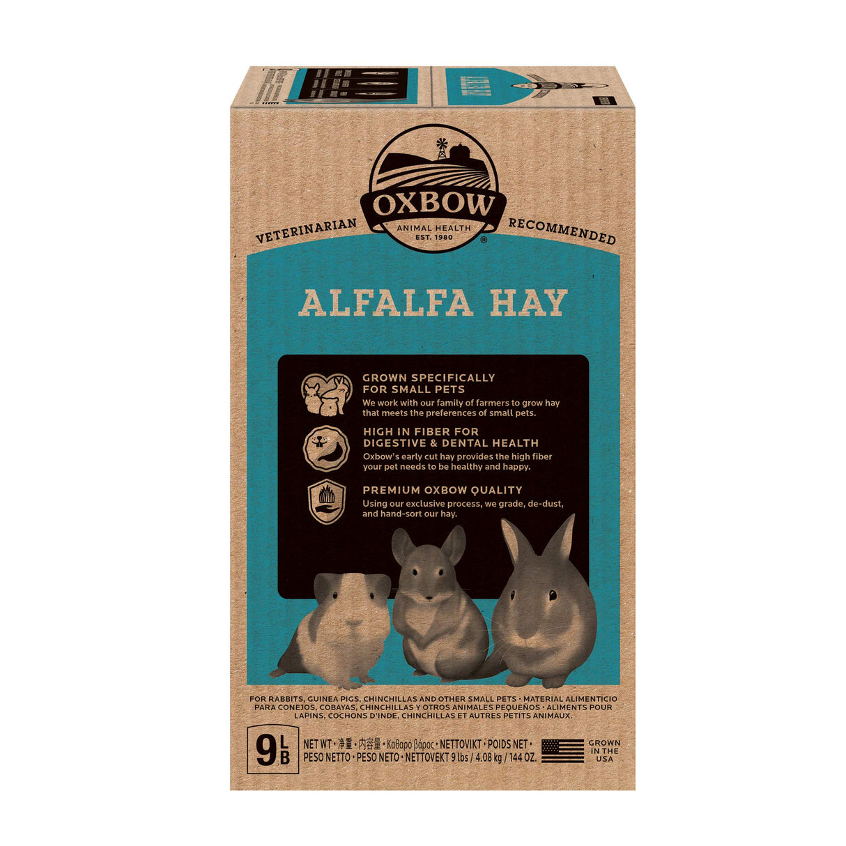 Oxbow Alfalfa, Guinea Pig Hay, Rabbit Hay, Small Pet Bunny Supplies, All Natural Grass for Guinea Pig, Bunny, Chinchilla & Hamster, Oxbow Rabbit Supplies, Grown in USA, 9 lb box