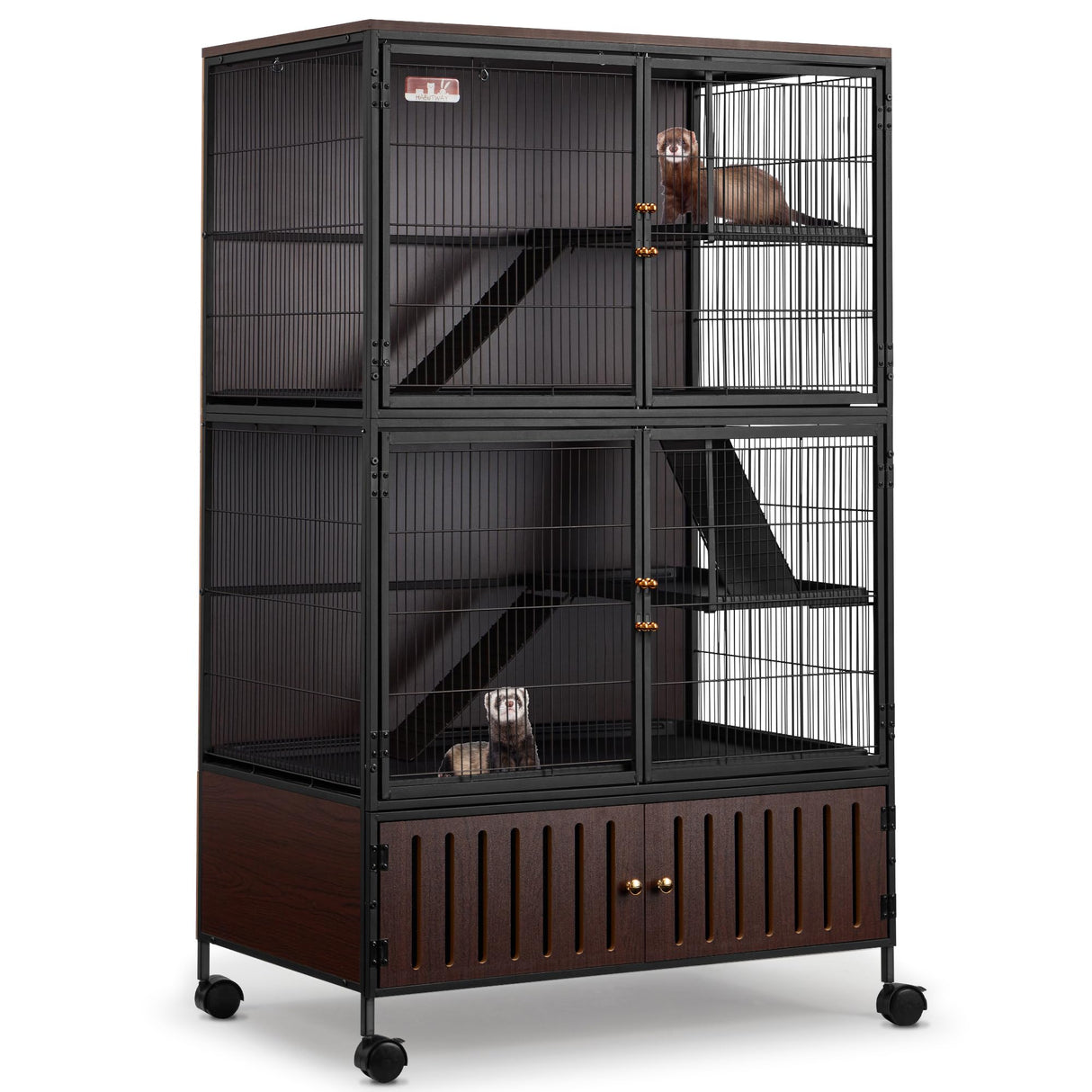 HABUTWAY 60''H Metal Large Ferret Cage, Rolling Chinchilla Cage with Removable Ramps& Double Door, Critter Nation with Locker, Small Animal Cage, Rat Indoor Wooden Pet Crate Furniture