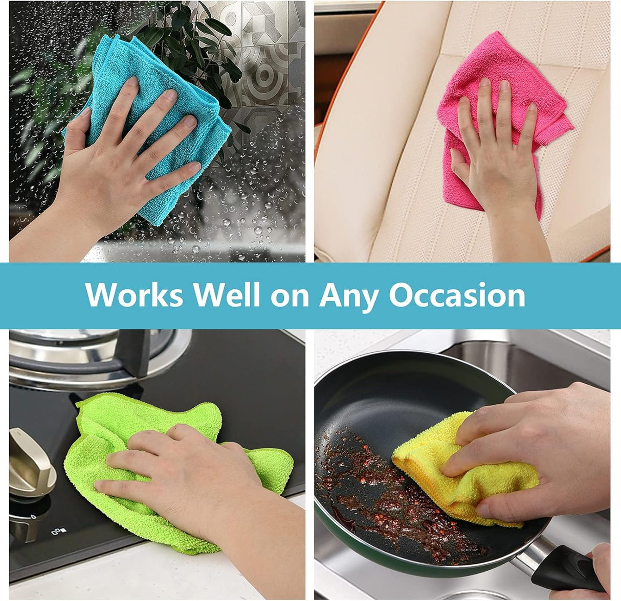 Microfiber Cleaning Cloth 210GSM, Pack of 12, Size:11.5" x 11.5", Ultra-Soft, High-Density Non-Abrasive Cleaning Towels for Cars, Glass, Kitchen, Reusable Rags, Blue/Green/Yellow/Pink
