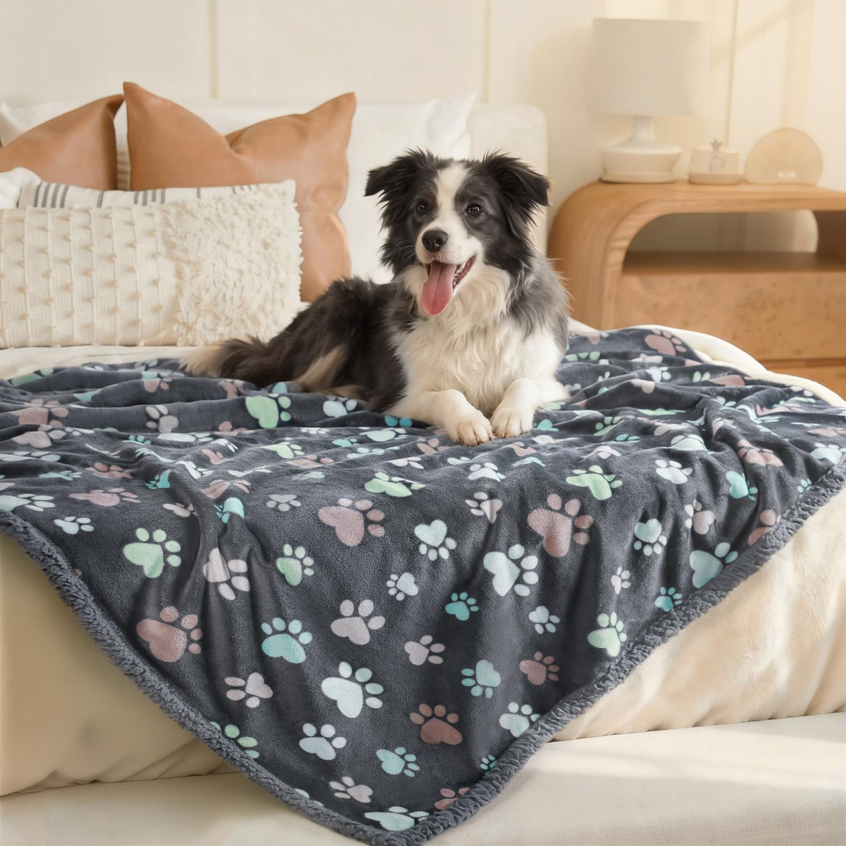 Luciphia Waterproof Pet Blankets for Couch Sofa Bed Cover Cat Liquid Pee Proof Washable Soft Fluffy Large Dog Blanket Reversible Furniture Protection Puppy Grey Paw Thicken Medium(57" x 40")