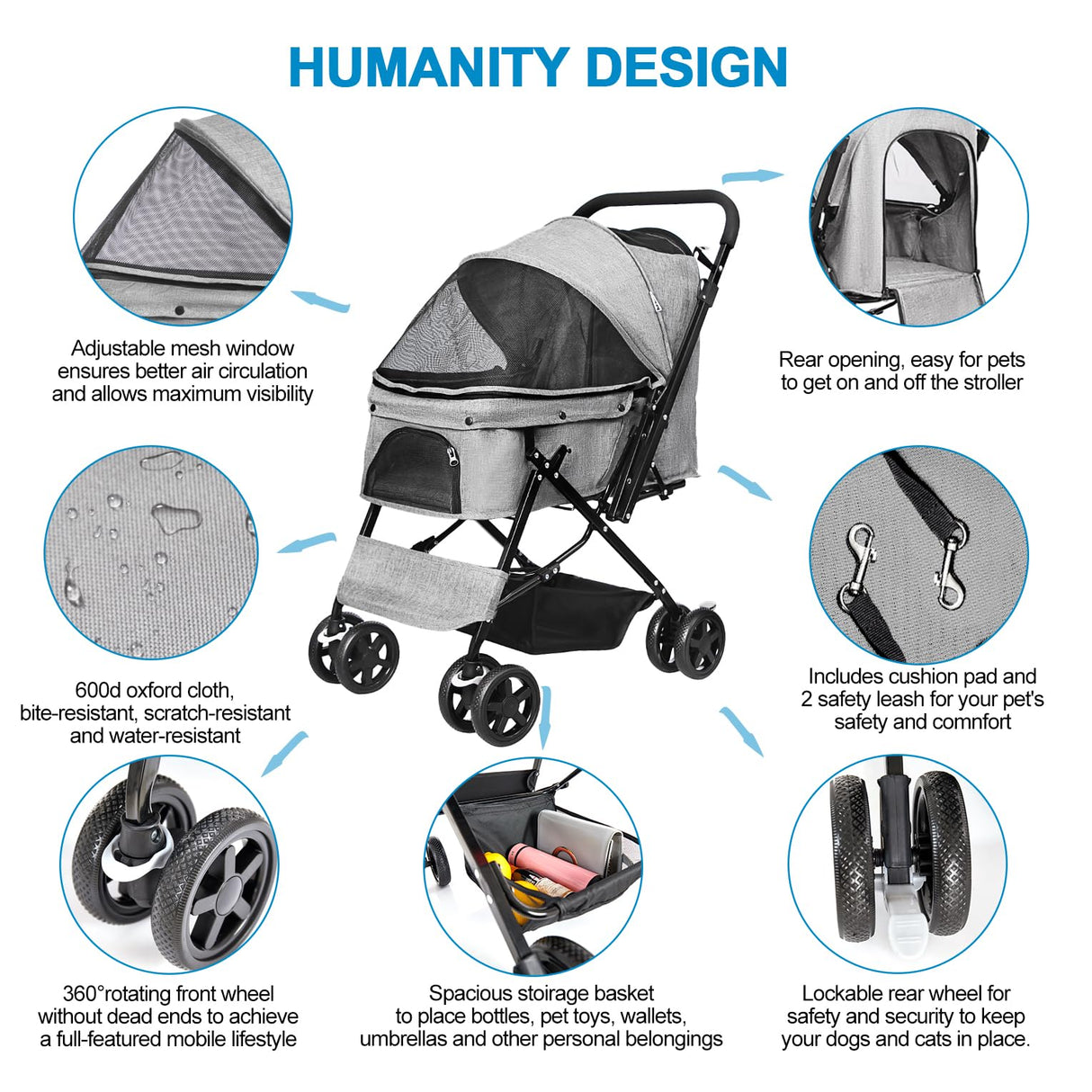 LPOTIUS Lightweight Dog Stroller with Reversible Handle for Medium Small Dogs and Cats, Foldable Pet Stroller Travel Carriage with Large Storage Basket, 4 Wheels, Linen Gray