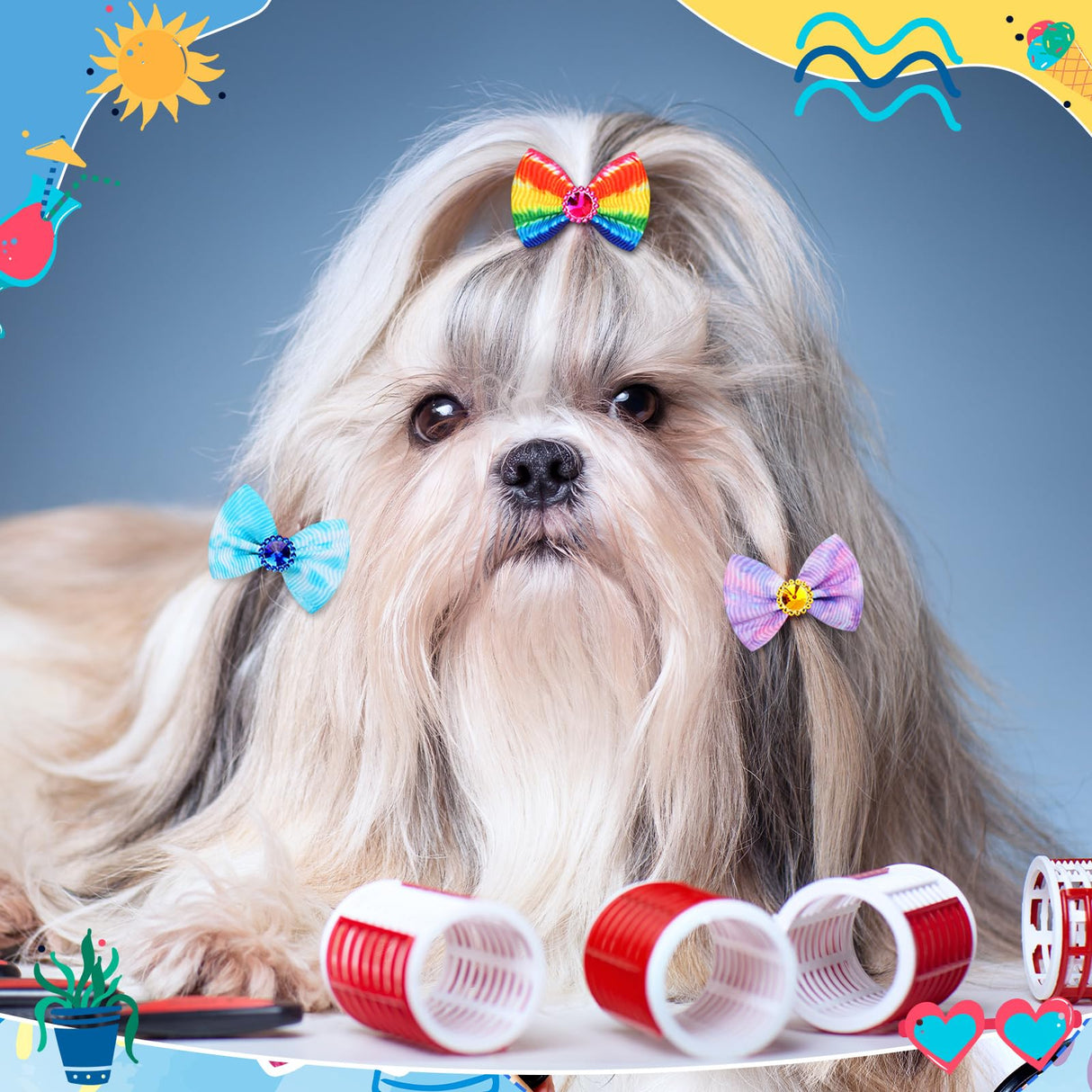 Tondiamo 100 Pack Tie Dye Dog Hair Bows for Dogs Spring Dog Hair Bows with Rubber Bands Puppy Rhinestone Grooming Dog Hair Accessories for Small Girl Dogs