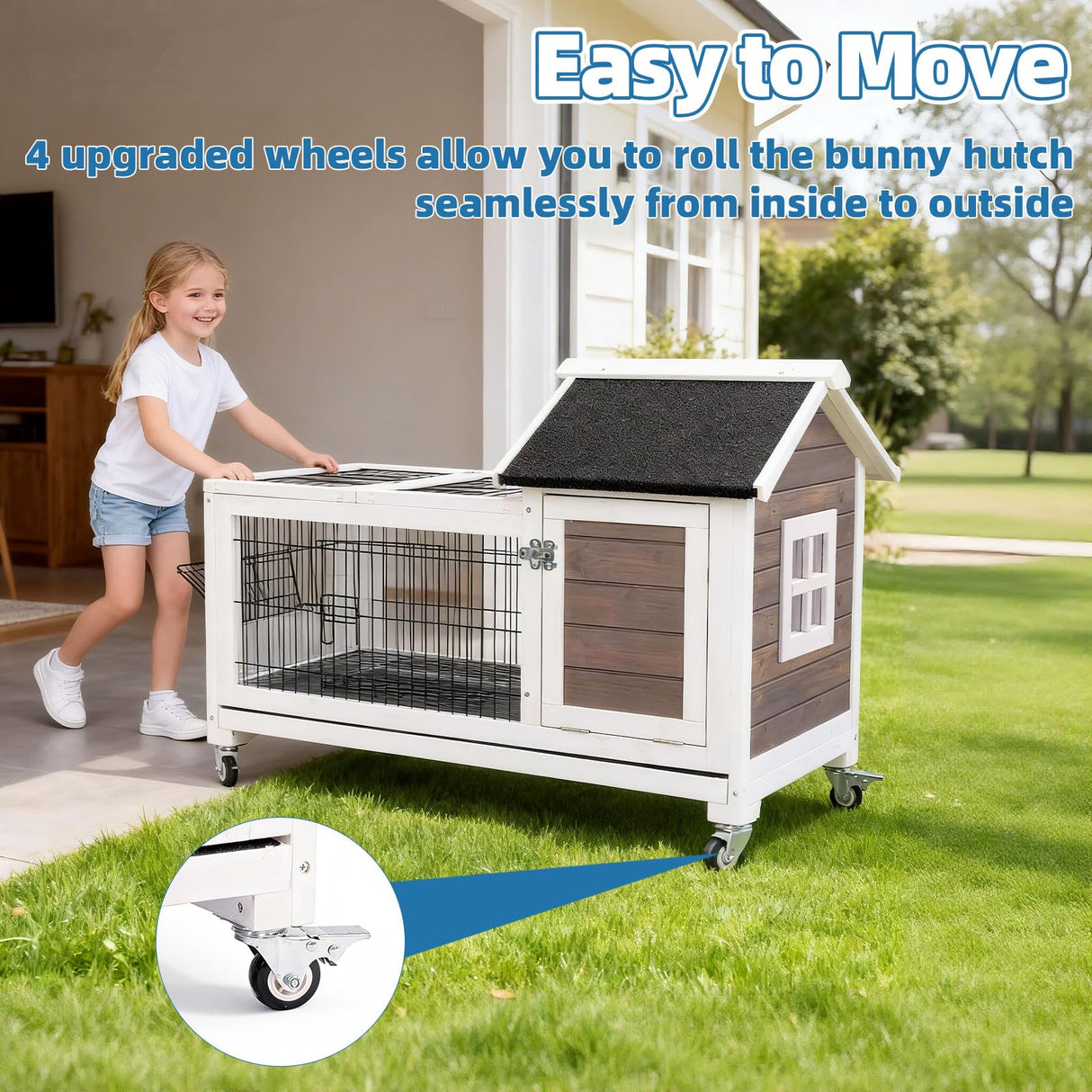 FunXplore Rabbit Hutch Indoor Outdoor Rabbit Cage Bunny Hutch with Casters, Urine Baffles Bottom Wire Floor Leakproof Tray Metal Feeder Openable Roof