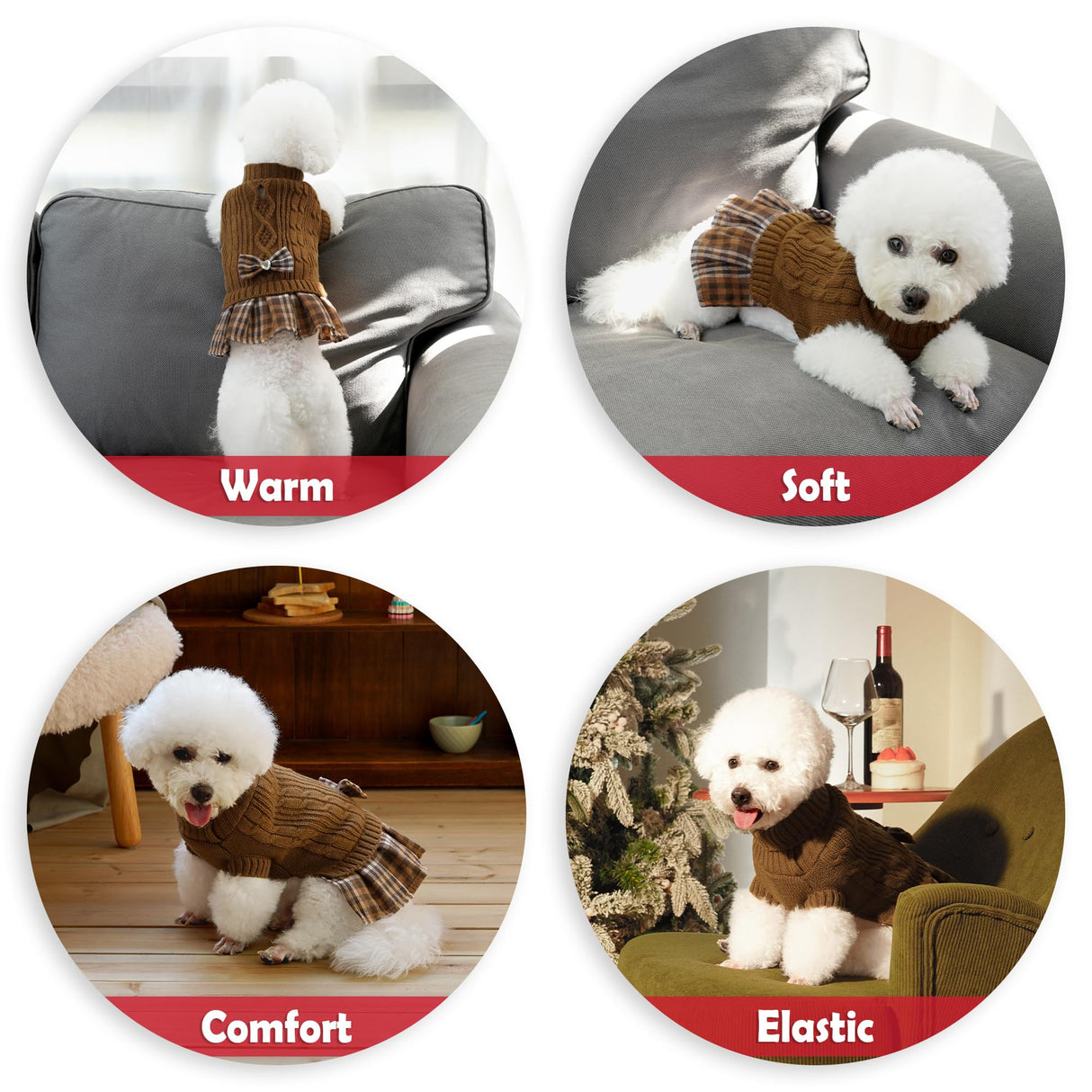 WOYYHO Girl Dog Sweater Dress with Bowtie Turtleneck Small Dogs Sweater with Leash Hole, Knitted Small Dog Sweaters Dress Puppy Winter Clothes for Yorkies Chihuahua (S, Brown)