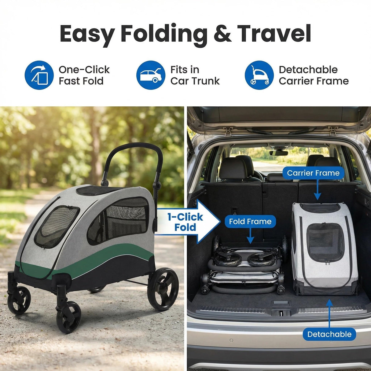Dog Stroller for Large Dogs, Extra Large Pet Stroller Up to 160 Lbs, Foldable, Ventilated,360° Rotating Wheel, Easy Wash Pet Wagon with Adjustable Handle & Storage Pocket 