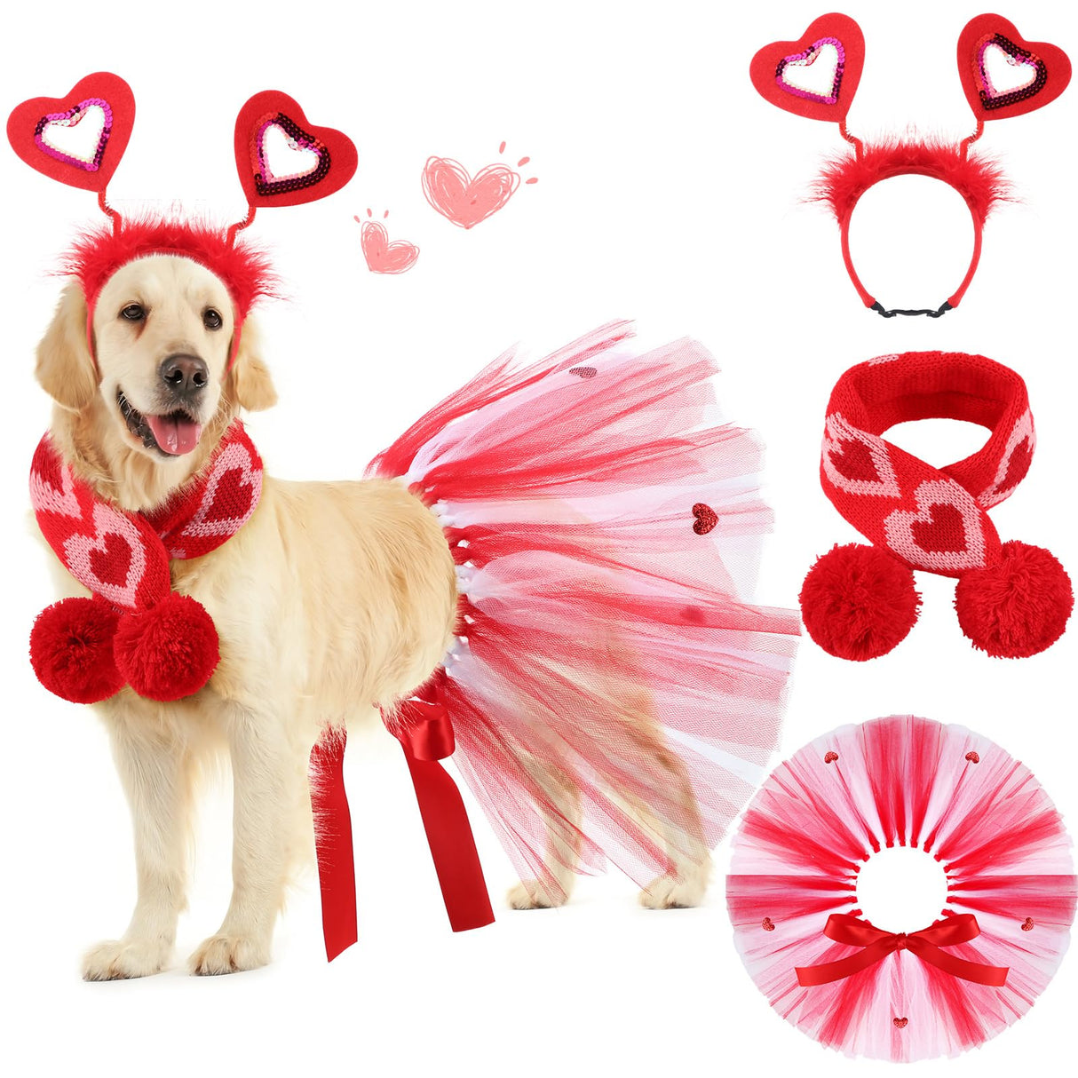 SilTriangle 3 Pieces Valentines Day Dog Costume Set Including Red Love Headband Valentines Dog Tutu Dress Cute Pet Tutu Red Pet Scarf for Medium Animal Holiday Outfit Accessory