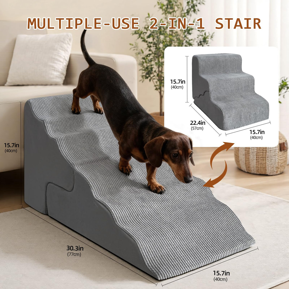 Pet Dog Stairs for Small Dogs, 2 in 1 Transformable 3-Step Pet Stairs and Wave Anti-Fall Slope for Short Legs and Long Legs Dog, for Couch (12-19 in) with Durable Non-Slip Waterproof Cover(Grey)