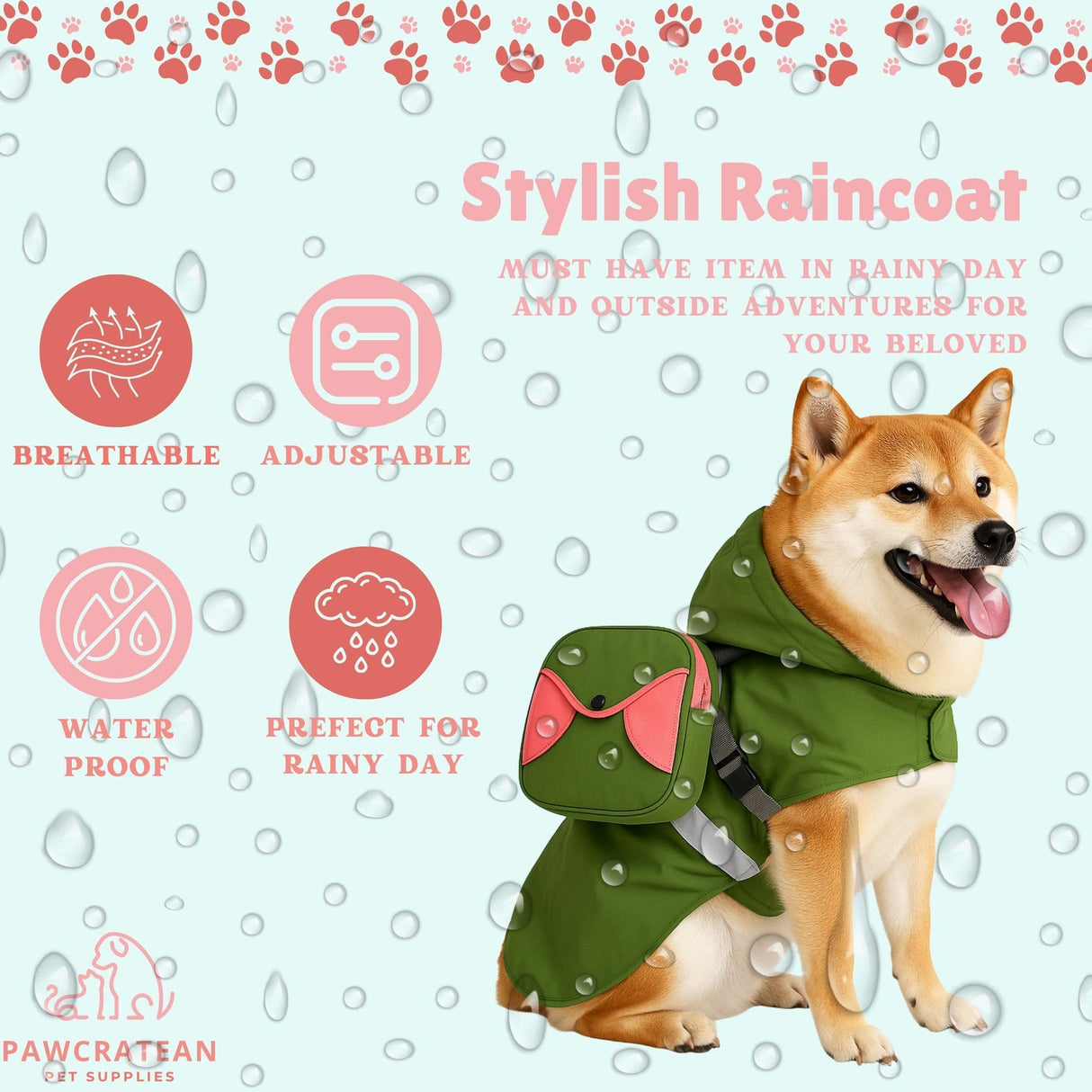 Pawcratean Dog Raincoat Reversible Jacket with Backpack β Waterproof, Stylish & Practical (Medium)