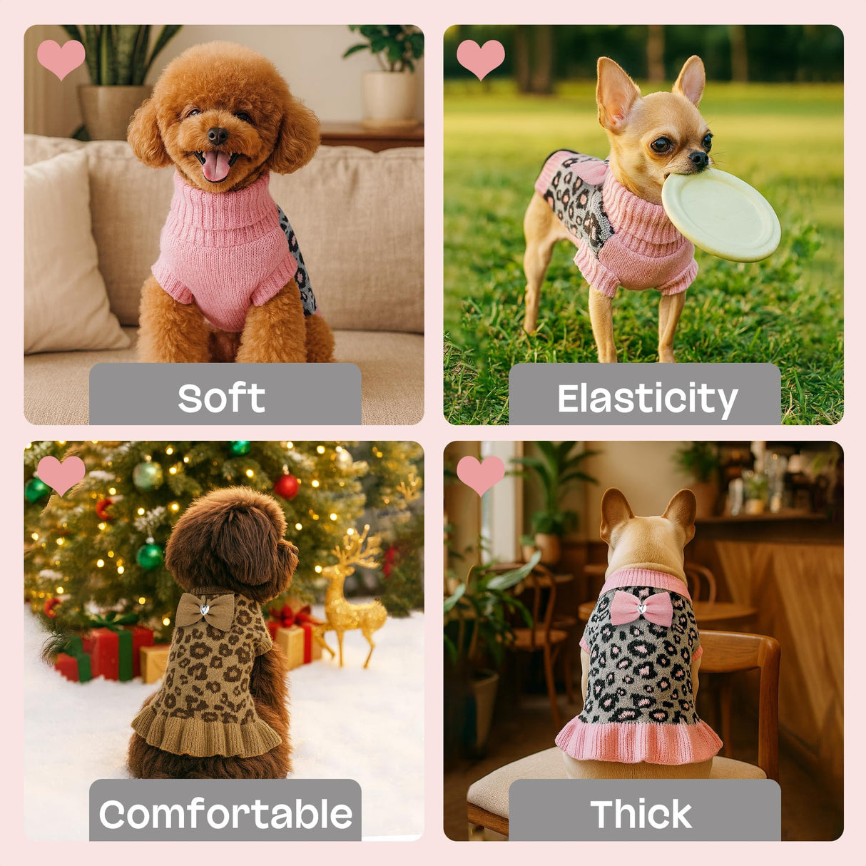YUDODO Small Dog Sweater with Bowtie Turtleneck Leopard Knitted Pet Girl Dog Winter Clothes Warm Sweater for Yorkies Chihuahua with Leash Hole (S, Pink Leopard)