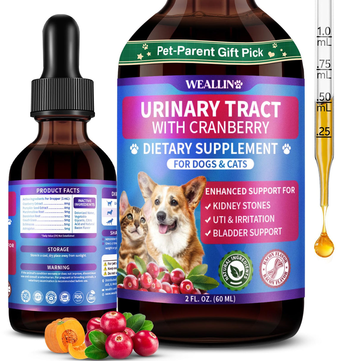 WEALLIN Cat & Dog Natural Urinary Tract Infection Treatment with Cranberry, Kidney, and Bladder Support Supplement, Support for Urinary Comfort & Bladder Flow – Pet Renal Care Support Drops