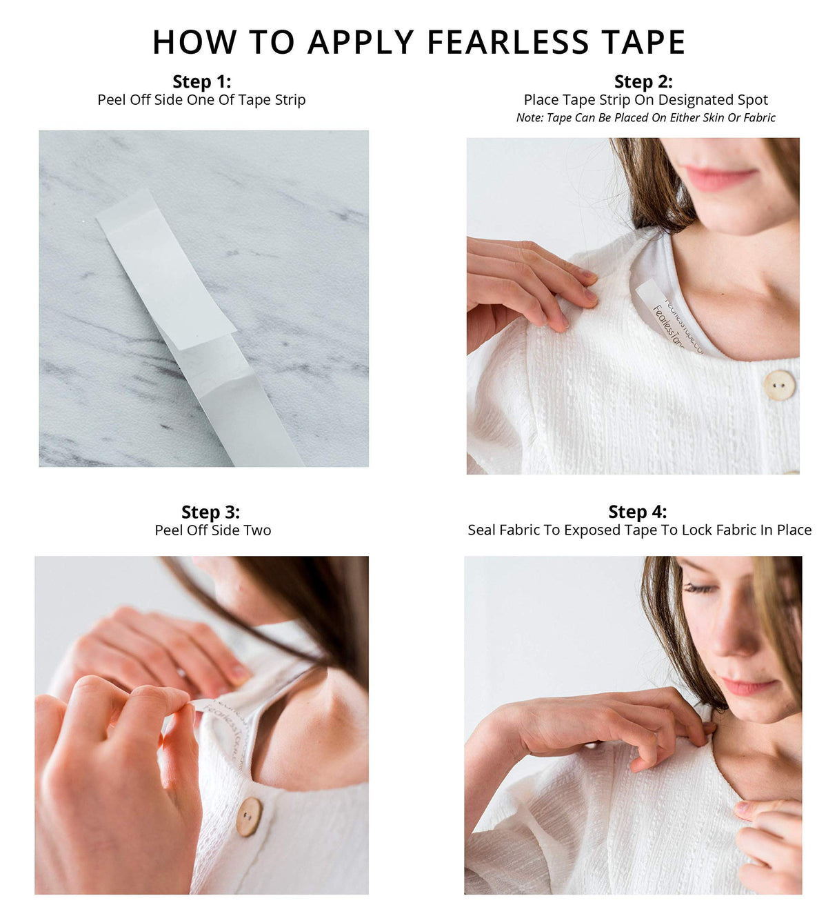 Fearless Tape - Double Sided for Clothing Body & Dresses (50 Strips) | Clear Fabric Tape for Clothes Skin | Adhesive Body Tape All Day Hold