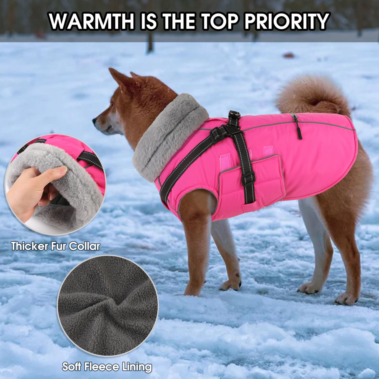 PETDSH Dog Coat Large, Built-in Harness Dog Jacket with Warm Fleece Lining, Waterproof Reflective Dogs Winter Coat, Pet Coats with Pocket and Trash Bags (Pink, X-Large)