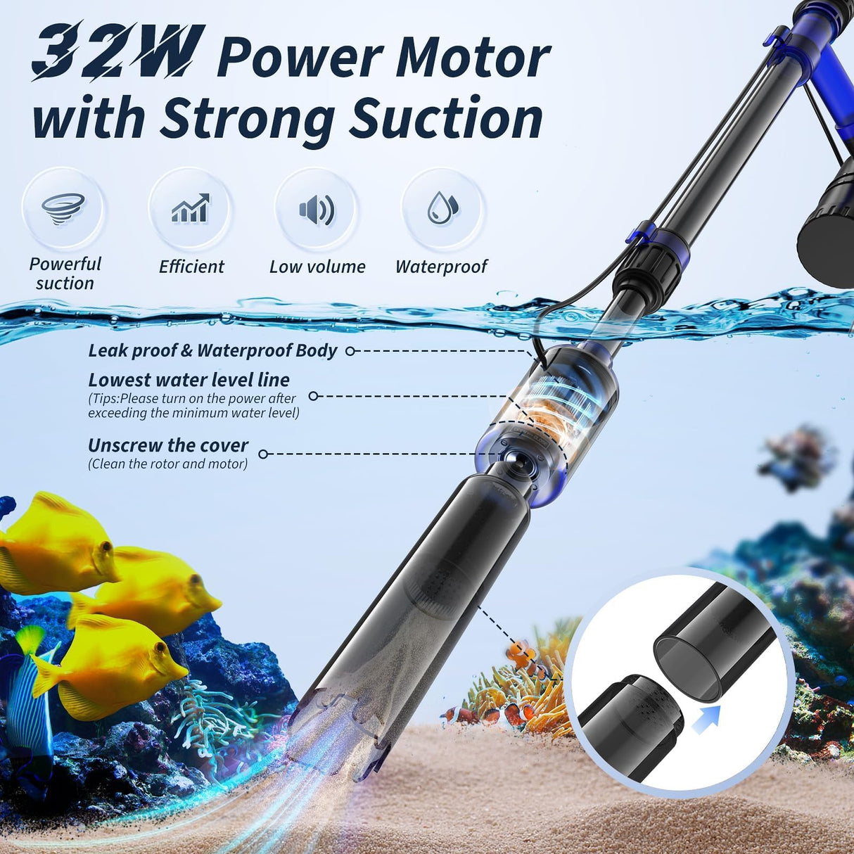 Fish Tank Cleaner, Adjustable Water Flow Aquarium Gravel Cleaner, 530GPH/32W Electric Fish Tank Cleaning Tools, Turtle Tank Gravel Cleaner Vacuum for Wash Sand, Water Changing and Water Circulation