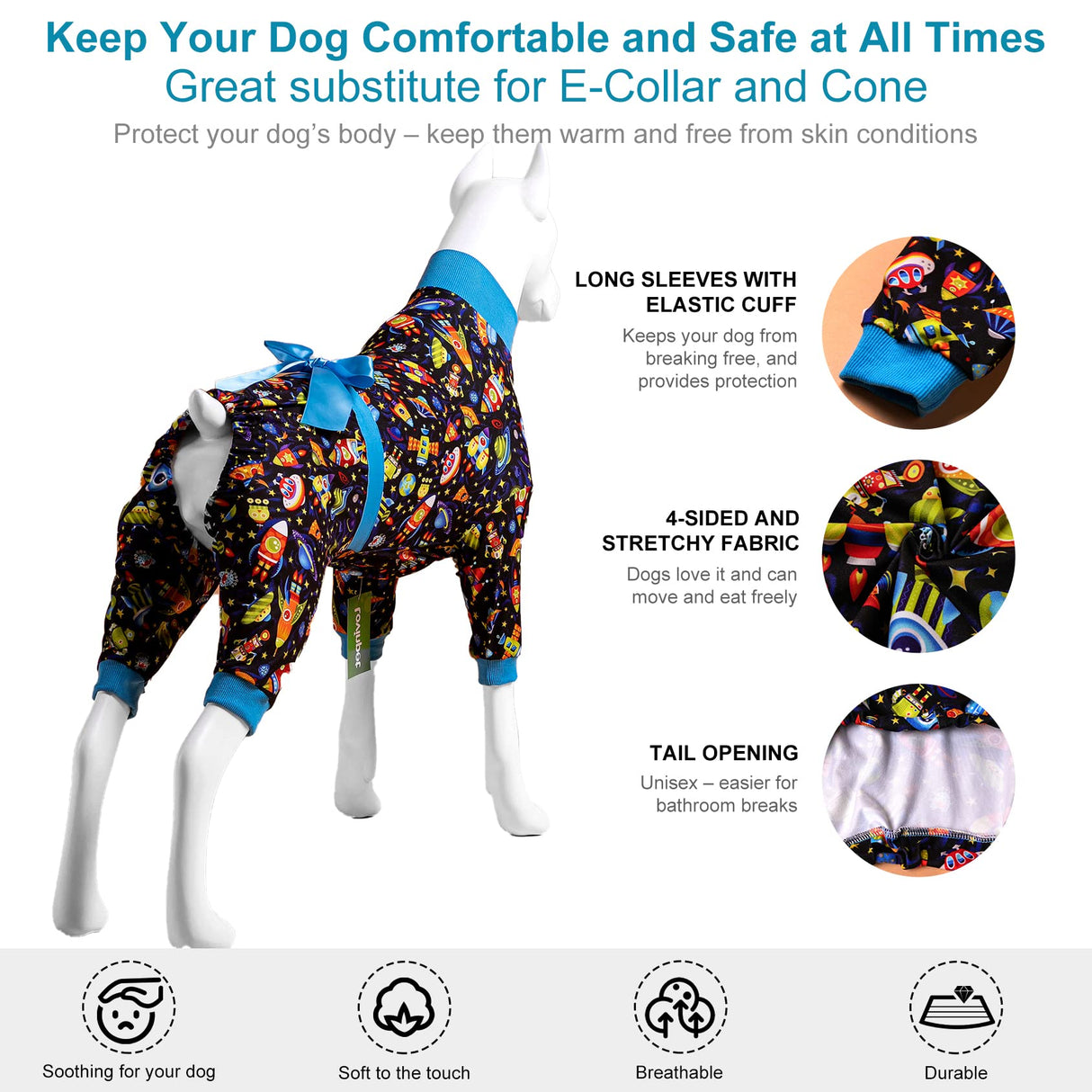 LovinPet Large Dog Pajamas, Post Surgery Recovery Shirt, Stretchy Fabric, Aim for The Moon Flannel Navy Print, Anti Licking, Easy Wear Dog Jammies,Black Blue M