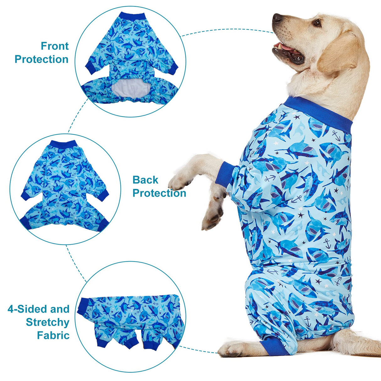 LovinPet Shirts for Pitbull Dogs, Pjs for Large Dogs, Lightweight Onesie, Sea Shark Action Print, Dog Clothing, UV Protection, Easy Wearing Adorable Dog Jumpsuit /3XL