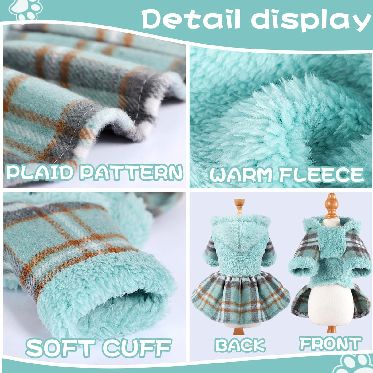 Winter Dog Dress, Cute Warm Fleece Dog Hooded Sweater, for Small Dogs Girl, Pink Plaid Puppy Dresses Clothes for Chihuahua Yorkie,Cat Apparel (Small, Blue)